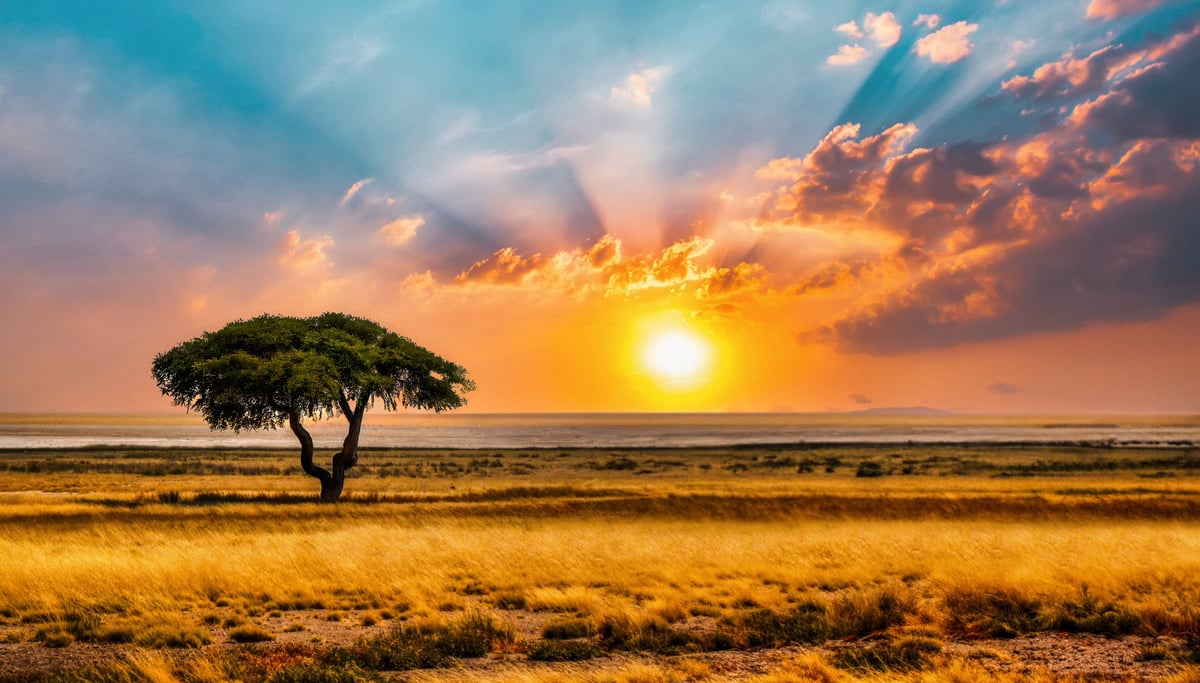 An acacia tree silhouetted against a golden African sunset